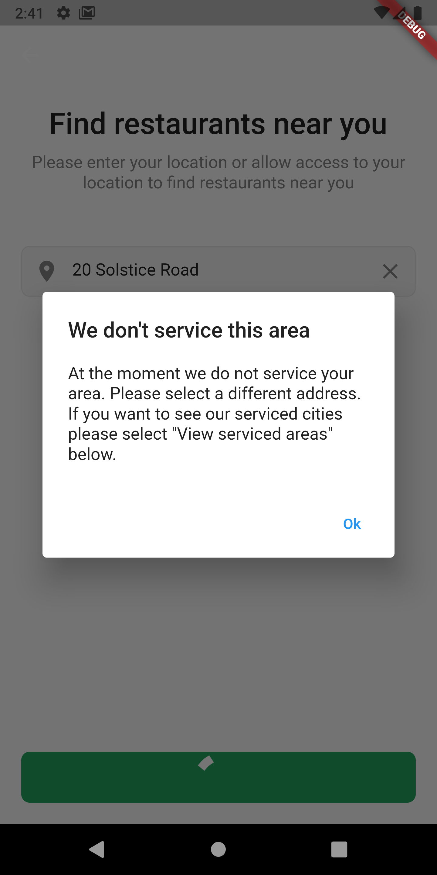 Area not serviced dialog